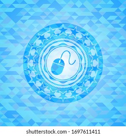 mouse icon inside light blue emblem with mosaic ecological style background