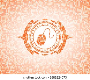 mouse icon inside orange mosaic emblem with background. 