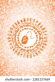 mouse icon inside orange tile background illustration. Square geometric mosaic seamless pattern with emblem inside.