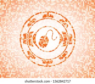mouse icon inside orange tile background illustration. Square geometric mosaic seamless pattern with emblem inside.