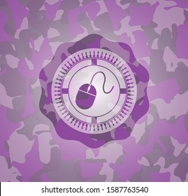 mouse icon inside pink and purple camouflage emblem