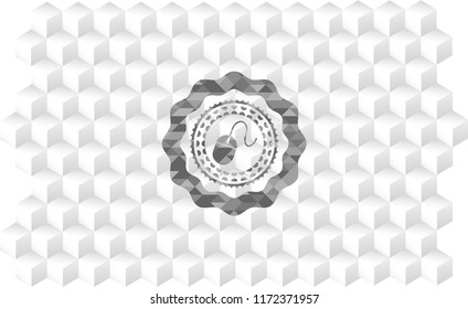 mouse icon inside realistic grey emblem with geometric cube white background
