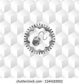mouse icon inside realistic grey emblem with cube white background