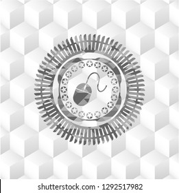 mouse icon inside realistic grey emblem with geometric cube white background