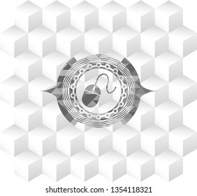 mouse icon inside realistic grey emblem with geometric cube white background