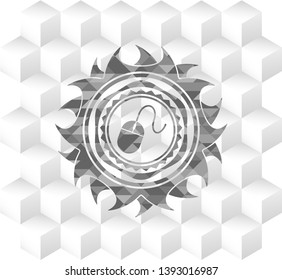 mouse icon inside realistic grey emblem with geometric cube white background