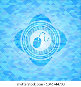 mouse icon inside realistic light blue emblem. Mosaic background