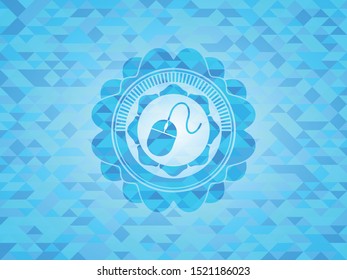 mouse icon inside realistic light blue emblem. Mosaic background