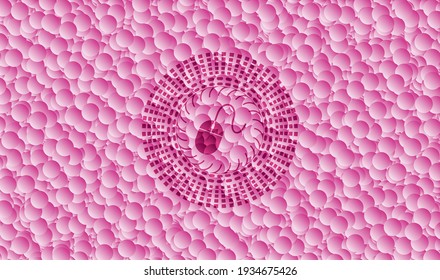 mouse icon inside realistic pink emblem with bubbles background. Vector Illustration. Detailed. 