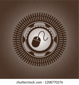 mouse icon inside realistic wood emblem