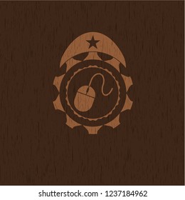 mouse icon inside realistic wood emblem