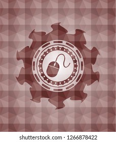 mouse icon inside red emblem with geometric pattern background. Seamless.