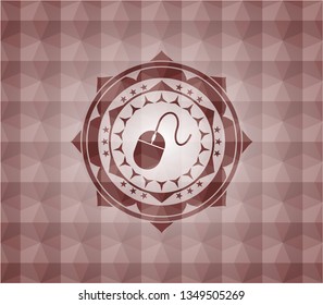 mouse icon inside red emblem or badge with abstract geometric pattern background. Seamless.