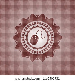 mouse icon inside red seamless emblem or badge with geometric pattern background.