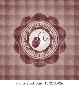 mouse icon inside red seamless emblem or badge with geometric pattern background.