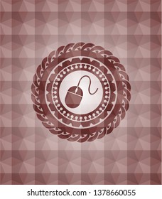 mouse icon inside red seamless emblem with geometric background.