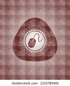 mouse icon inside red seamless badge with geometric pattern background. 