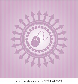 mouse icon inside retro style pink emblem