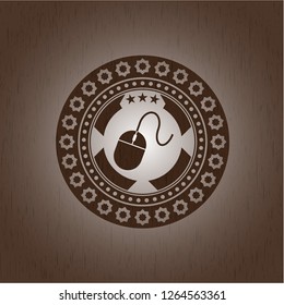 mouse icon inside retro style wooden emblem