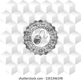 mouse icon inside retro style grey emblem with geometric cube white background