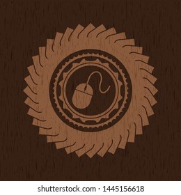 mouse icon inside retro style wooden emblem