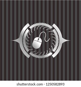 mouse icon inside silvery emblem or badge