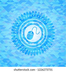 mouse icon inside sky blue emblem. Mosaic background