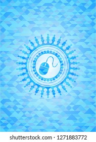 mouse icon inside sky blue emblem. Mosaic background