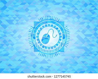 mouse icon inside sky blue emblem. Mosaic background