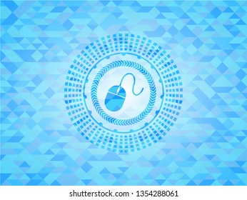 mouse icon inside sky blue emblem with triangle mosaic background