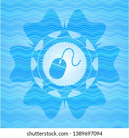 mouse icon inside sky blue water emblem.