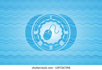 mouse icon inside water wave style badge.