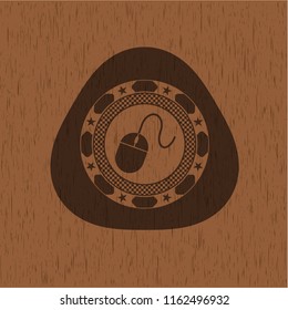 mouse icon inside wooden emblem. Retro