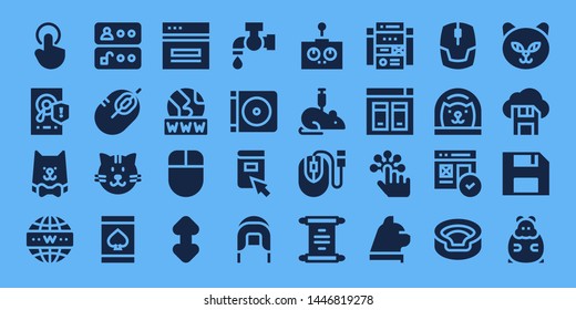mouse icon set. 32 filled mouse icons. on blue background style Simple modern icons about  - Tap, Hard disk, Cat, Internet, Access, Mouse, Online gambling, Web, Www, Scroll, Dvd