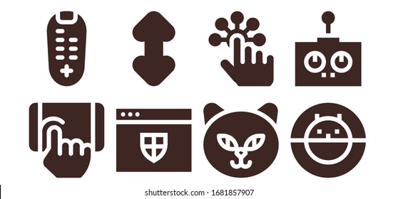conjunto de iconos del ratón. 8 iconos rellenos de ratón. Tap incluido, control remoto, sitio web, iconos de Scroll, Cat, Hamster ball