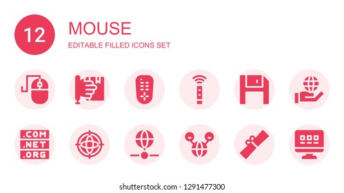 mouse icon set. Collection of 12 filled mouse icons included Computer mouse, Learning, Remote control, Diskette, Domain, Internet, Scroll, Web