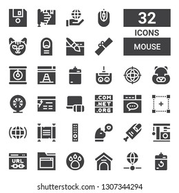 mouse icon set. Collection of 32 filled mouse icons included Harddrive, Internet, Kennel, Animal, Website, Url, Cat, Finger, Remote control, Scroll, Selection, Domain, Electronics