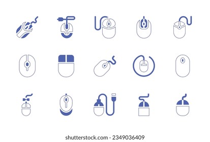 Conjunto de iconos del ratón. Curso de línea de estilo duotónico y negrita. Ilustración vectorial. Contiene equipo, ratón, pulsador.