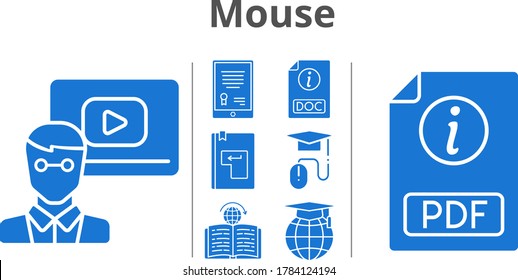 mouse icon set. included tablet, teacher, pdf, school, e-learning, doc, learning, enter icons. filled styles.
