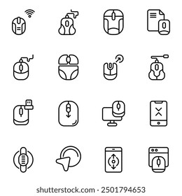 Mouse icon set. Includes mouse, arrow, cable mouse, click, computer, cursor, device, scroll, and More. Outline icons vector collection.
