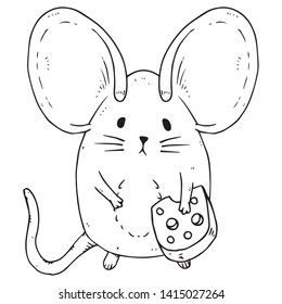 Mouse icon. Vector illustration of a cute little mouse with big ears. Hand drawn cartoon mouse holding a slice of cheese.