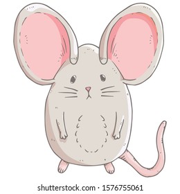 Mouse icon. Vector illustration of a cute little mouse with big ears. Hand drawn cartoon mouse.