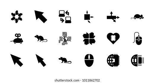 Mouse icons. set of 18 editable filled mouse icons: pointer, arrow, hands, cpu in heart, cpu planet