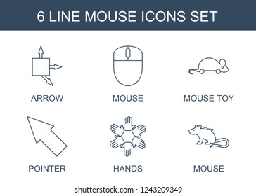 mouse icons. Set of 6 line mouse icons included arrow, mouse toy, pointer, hands on . Editable mouse icons for web, mobile and infographics.