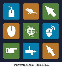 mouse icons set. Set of 9 mouse filled icons such as pointing, pointer, CPU planet