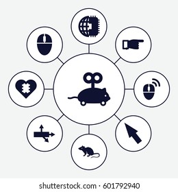 mouse icons set. Set of 9 mouse filled icons such as pointing, pointer, CPU in heart, CPU planet