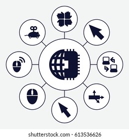 Mouse icons set. set of 9 mouse filled icons such as laptop connection, pointer, CPU planet, arrow
