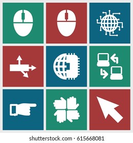 Mouse icons set. set of 9 mouse filled icons such as pointing, mouse, laptop connection, CPU planet, arrow, pointer
