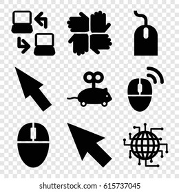 Mouse icons set. set of 9 mouse filled icons such as laptop connection, pointer, CPU planet