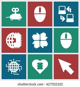 Mouse icons set. set of 9 mouse filled icons such as laptop connection, CPU in heart, CPU planet, pointer